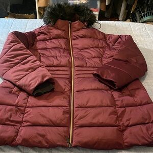 Etage Burgundy Puffer Coat with Faux Fur Trim